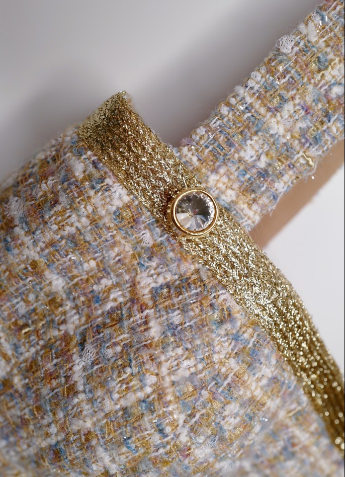 LIGHT BLUE GOLD-TRIM BOUCLÉ CROP TOP